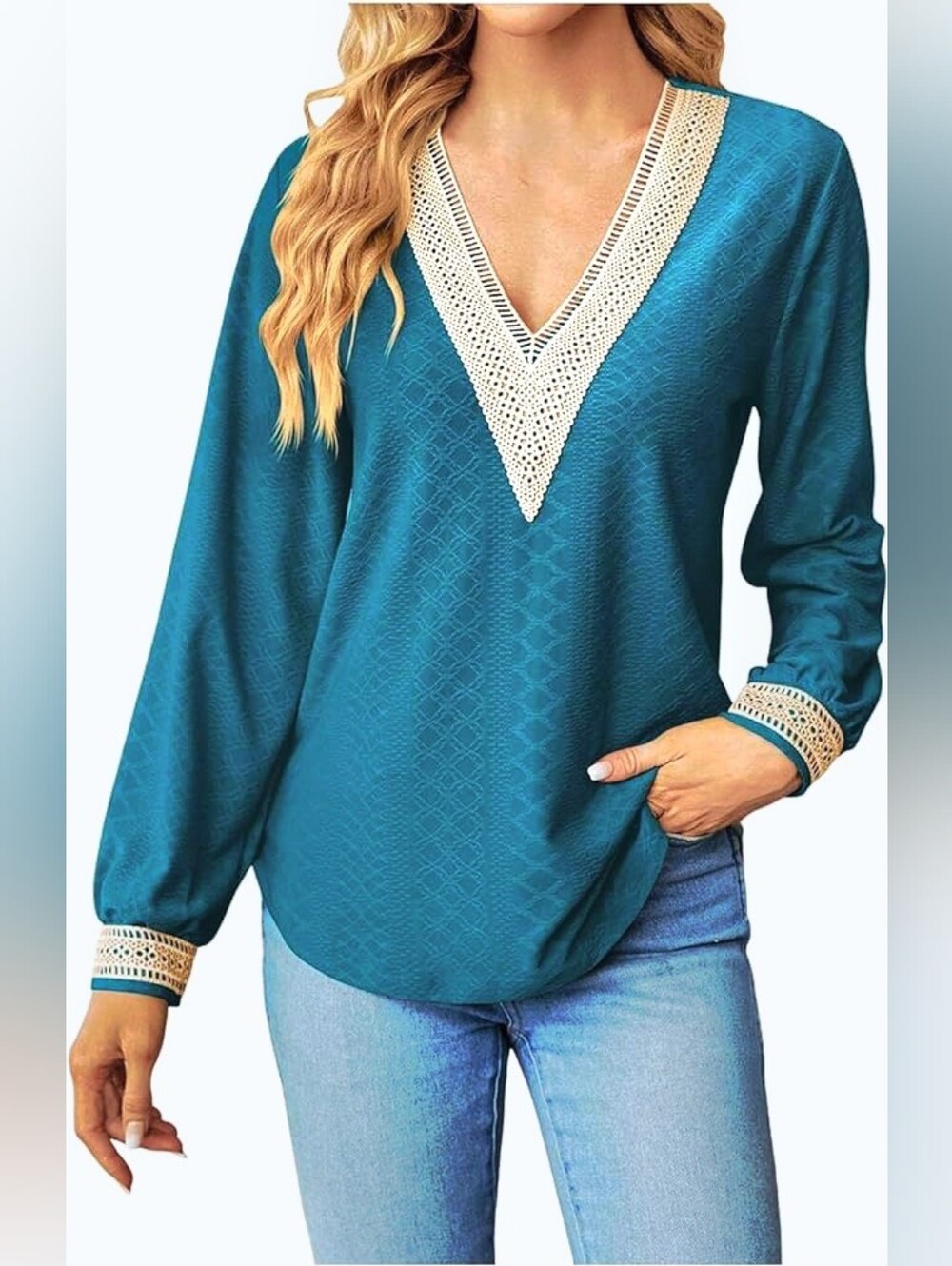 Yoplanet Teal V-Neck Top with Beige Crochet Trim on Neckline & Cuffs, Sz XL, NWT